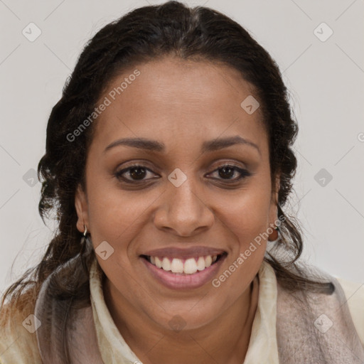 Joyful black young-adult female with long  brown hair and brown eyes