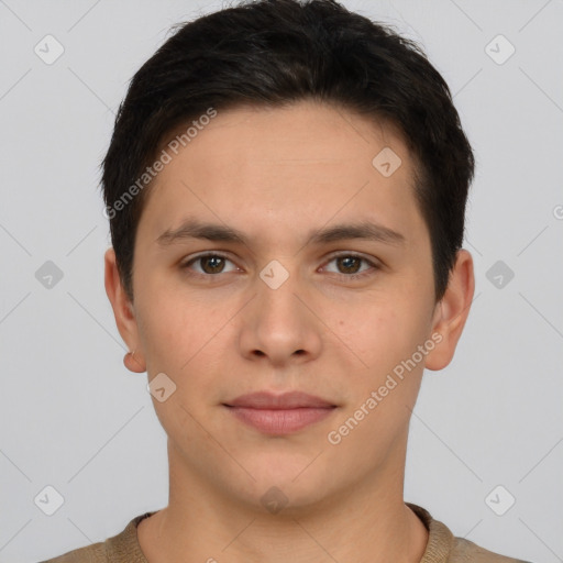 Neutral white young-adult male with short  brown hair and brown eyes