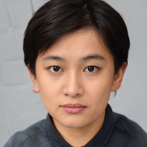 Neutral asian young-adult female with medium  brown hair and brown eyes