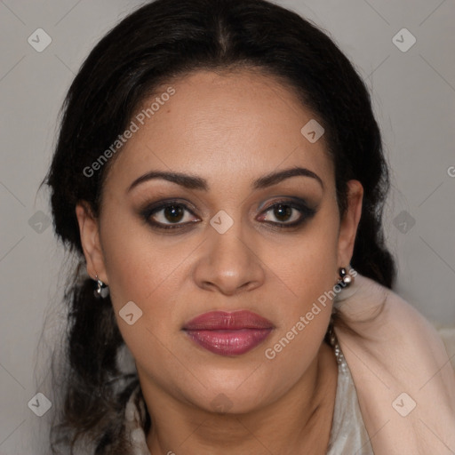 Joyful latino young-adult female with long  brown hair and brown eyes