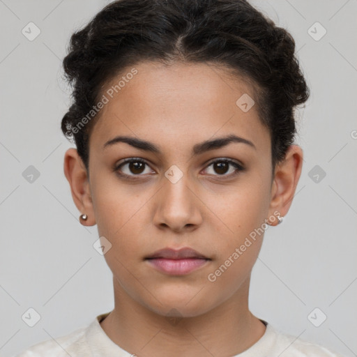 Neutral white young-adult female with short  brown hair and brown eyes