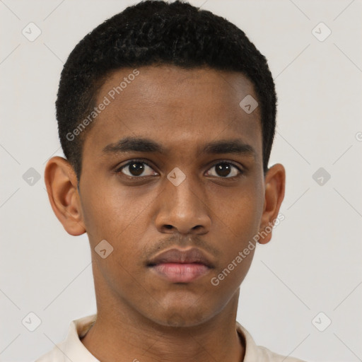 Neutral black young-adult male with short  brown hair and brown eyes