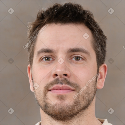 Neutral white young-adult male with short  brown hair and brown eyes