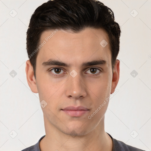 Neutral white young-adult male with short  brown hair and brown eyes