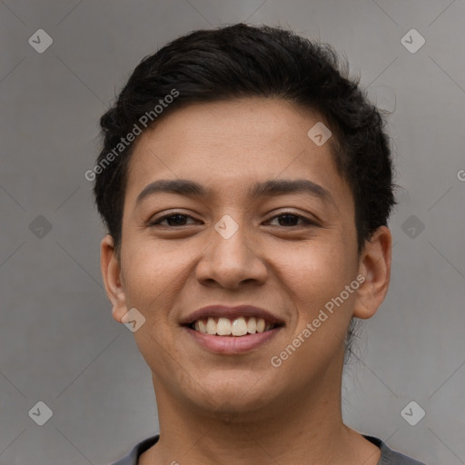 Joyful white young-adult female with short  black hair and brown eyes