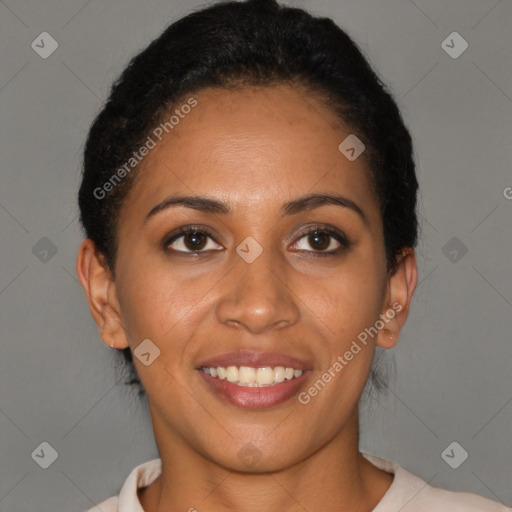 Joyful latino young-adult female with short  brown hair and brown eyes