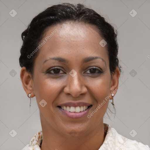 Joyful latino young-adult female with short  brown hair and brown eyes