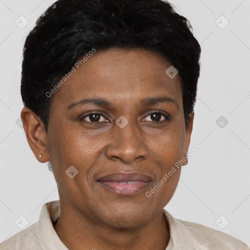 Joyful black adult female with short  brown hair and brown eyes