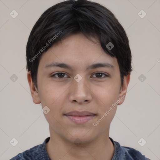 Joyful white young-adult female with short  black hair and brown eyes