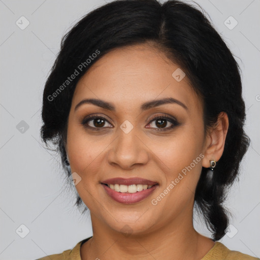 Joyful latino young-adult female with medium  brown hair and brown eyes