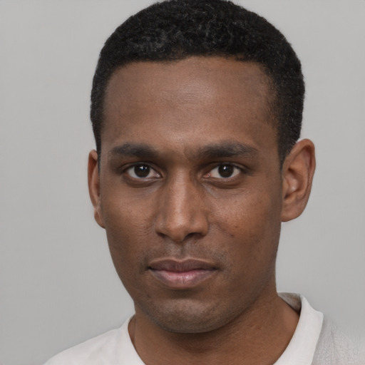 Neutral black young-adult male with short  black hair and brown eyes