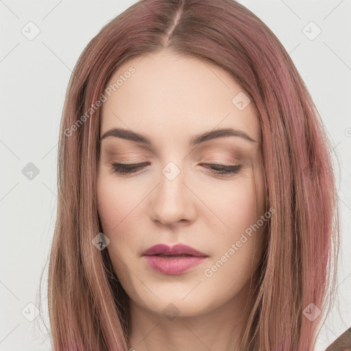 Neutral white young-adult female with long  brown hair and brown eyes