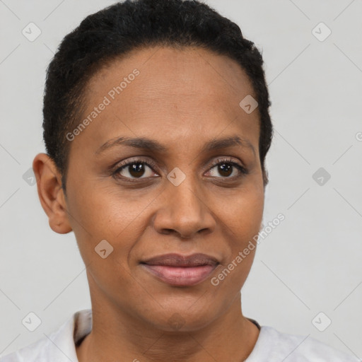 Joyful latino adult female with short  brown hair and brown eyes