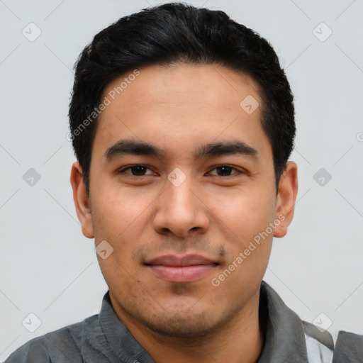 Joyful asian young-adult male with short  black hair and brown eyes