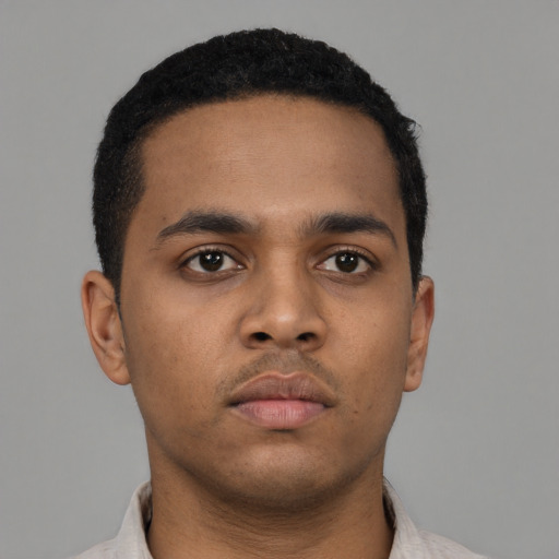 Neutral black young-adult male with short  black hair and brown eyes