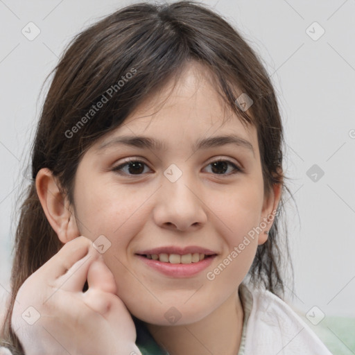 Joyful white child female with medium  brown hair and brown eyes