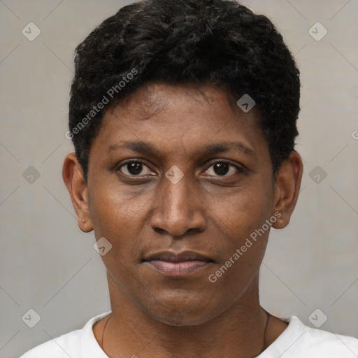 Neutral black young-adult male with short  black hair and brown eyes