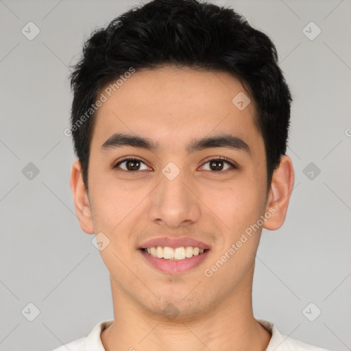 Joyful latino young-adult male with short  black hair and brown eyes