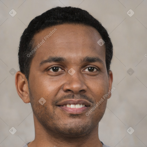 Neutral black young-adult male with short  brown hair and brown eyes