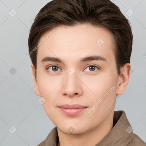 Neutral white young-adult male with short  brown hair and brown eyes