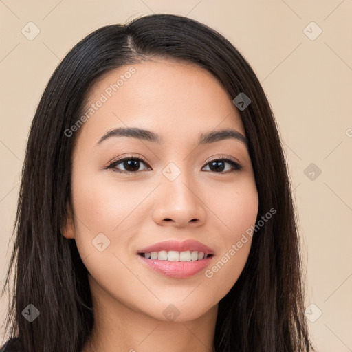 Joyful white young-adult female with long  brown hair and brown eyes