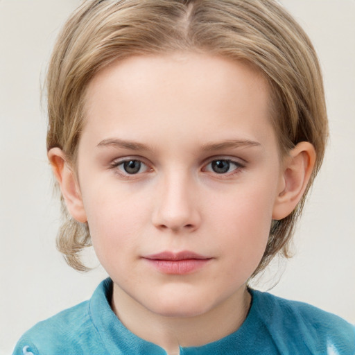 Neutral white child female with medium  brown hair and blue eyes