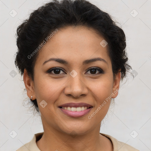 Joyful latino young-adult female with short  brown hair and brown eyes