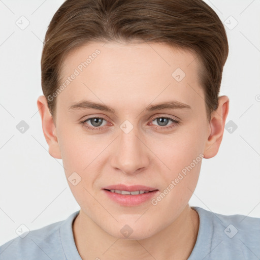 Joyful white young-adult female with short  brown hair and grey eyes