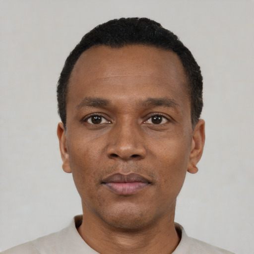 Neutral black adult male with short  black hair and brown eyes
