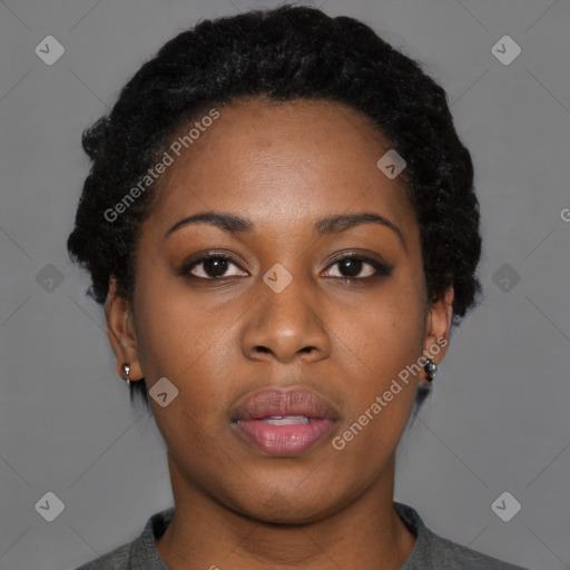 Neutral black young-adult female with short  black hair and brown eyes