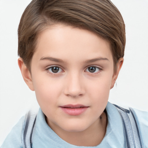 Joyful white child female with short  brown hair and brown eyes