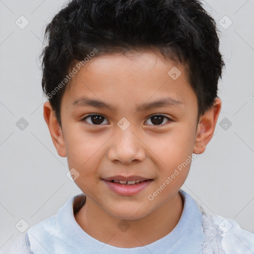 Joyful asian child male with short  brown hair and brown eyes