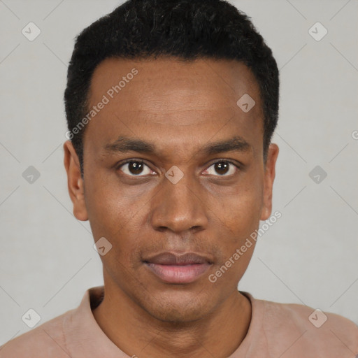 Neutral black young-adult male with short  black hair and brown eyes