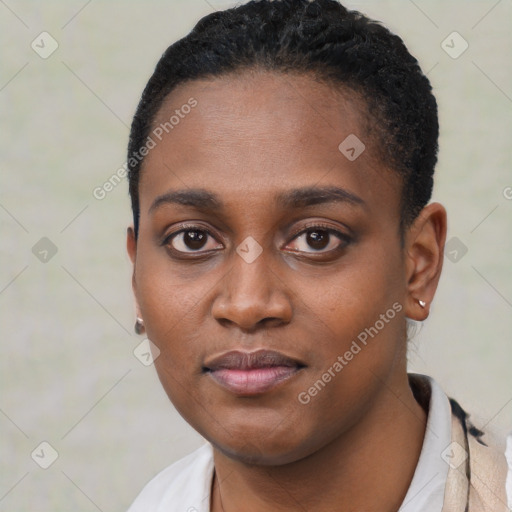 Neutral black young-adult female with short  black hair and brown eyes