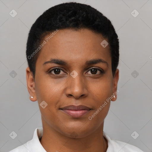 Joyful black young-adult female with short  brown hair and brown eyes