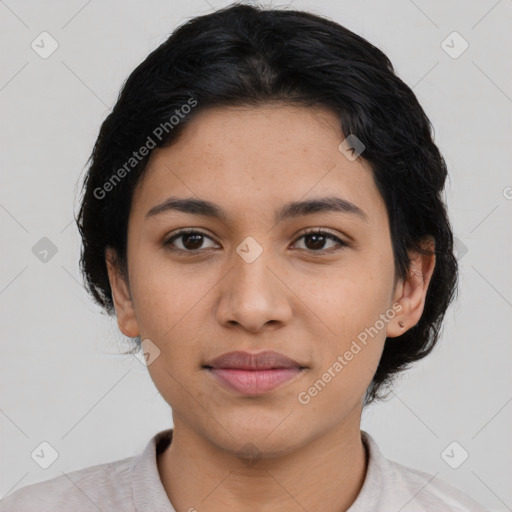 Joyful latino young-adult female with medium  black hair and brown eyes