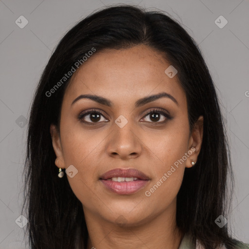 Joyful latino young-adult female with long  brown hair and brown eyes