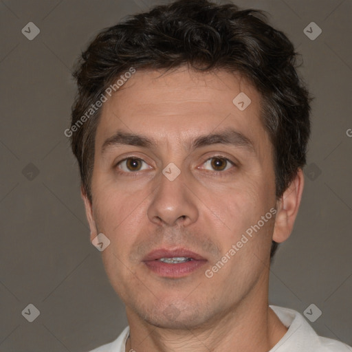 Neutral white adult male with short  brown hair and brown eyes