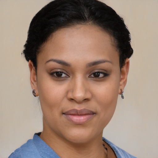 Joyful asian young-adult female with short  black hair and brown eyes