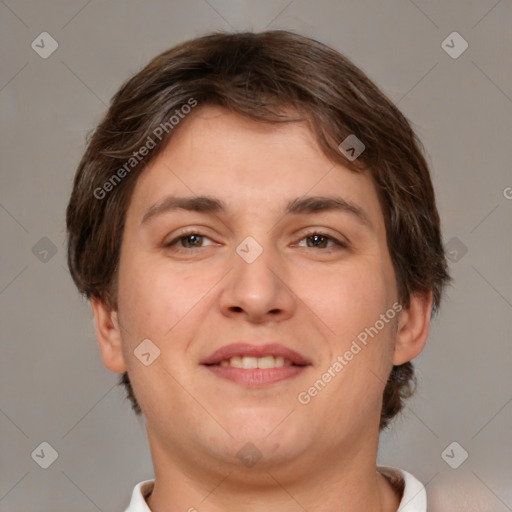 Joyful white young-adult female with short  brown hair and brown eyes