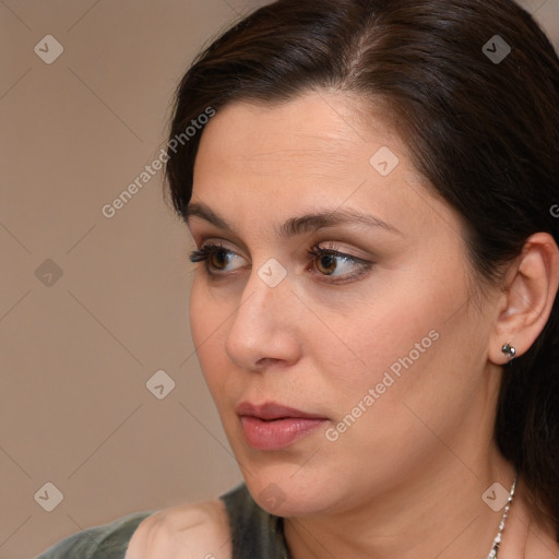 Neutral white young-adult female with medium  brown hair and brown eyes