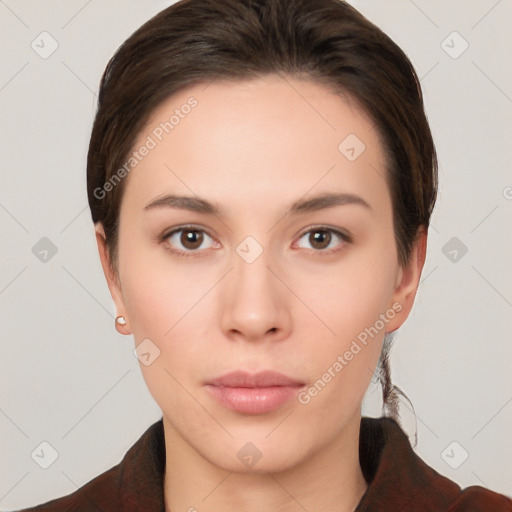 Neutral white young-adult female with short  brown hair and brown eyes