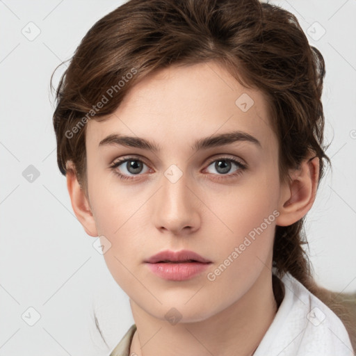 Neutral white young-adult female with medium  brown hair and brown eyes