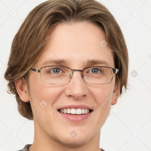 Joyful white adult female with short  brown hair and grey eyes