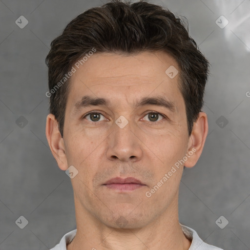 Neutral white adult male with short  brown hair and brown eyes