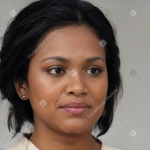 Joyful black young-adult female with medium  brown hair and brown eyes