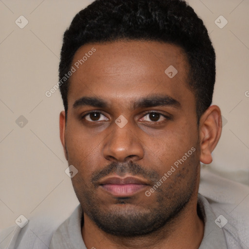 Neutral latino young-adult male with short  black hair and brown eyes