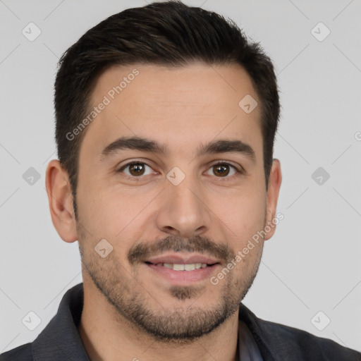 Joyful white young-adult male with short  brown hair and brown eyes