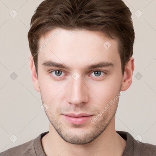 Neutral white young-adult male with short  brown hair and grey eyes