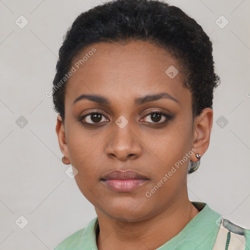 Neutral black young-adult female with short  black hair and brown eyes